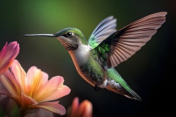 Fototapeta premium Flying hummingbird in a blooming garden