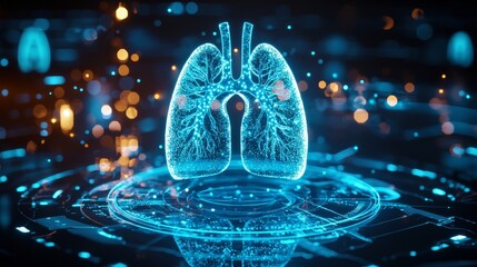 Obraz premium Blue-toned hologram of lungs, intricate digital x-ray display with pixel glow effects, surrounded by 3D icons, digital clarity focus