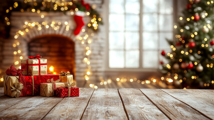 Presents stacked on a wooden table in front of a cozy fireplace with stockings, next to a tree. Concept of festive warmth and holiday celebration.