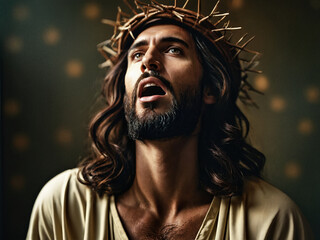 Fototapeta premium Intense portrait of Jesus Christ in ecstasy wearing a crown of thorns, an image that captures deep emotions evoking themes of sacrifice and spirituality.