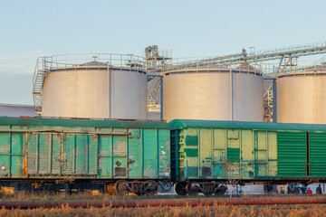Two silos for transporting and storing grain on the background of a freight train.  Rye crop delivery
