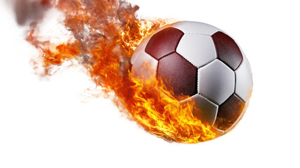 Fototapeta premium Soccer ball flying through air with intense fire flame burning. Red, orange, white colors. Isolated on isolated background. Sport equipment, football, game, play, competition, champion, championship,
