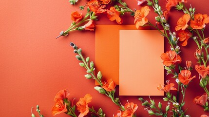 Obraz premium Orange flowers with blank card on bright orange background, vibrant floral arrangement, nature-inspired, bold and cheerful, copy space, spring or summer theme, invitation design
