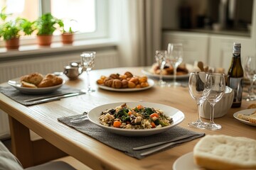 A Beautifully Arranged Dining Table Featuring Vibrant Vegetable Dishes and Bread in a Cozy Kitchen Setting