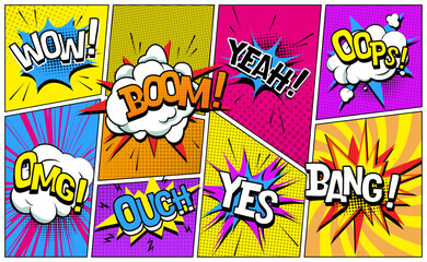 Comic book style vector illustration featuring colorful speech bubbles with text like WOW, BOOM, YEAH, OOPS, OMG, OUCH, YES, and BANG on vibrant backgrounds