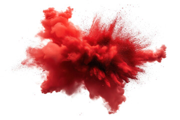 Vibrant red explosion in center with cloud of particles. Red splash on isolated transparent background. Intense colorful splatter with scattered particles in all directions. Energy and movement.