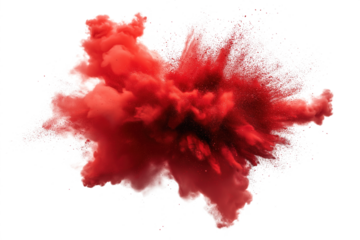 Vibrant red explosion in center with cloud of particles. Red splash on isolated transparent background. Intense colorful splatter with scattered particles in all directions. Energy and movement.