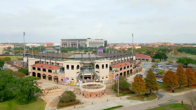 Baton Rouge, LA - December 1, 2023: Flying over LSU campus including Alex Box Stadium and Tiger stadium
