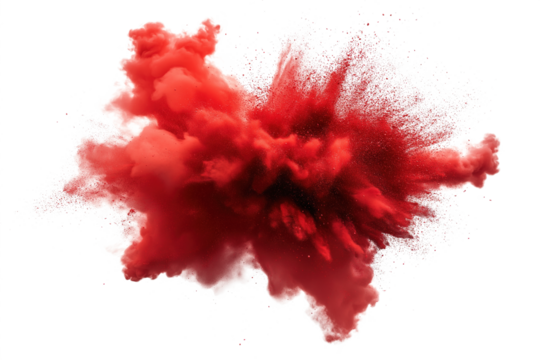 Vibrant red explosion in center with cloud of particles. Red splash on isolated transparent background. Intense colorful splatter with scattered particles in all directions. Energy and movement.