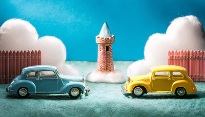 Two toy cars parked beside a miniature picket fence, with a fairy tale castle tower in the background. Generative AI