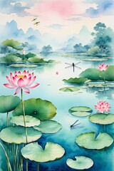 Stunning pink lotus flowers in bloom among green lily pads on calm water. Captures tranquility, natural beauty, ideal for meditation theme, publication, marketing material, website, print, wallpaper