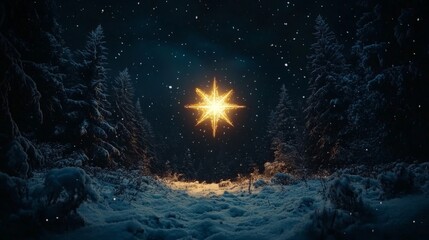 Christmas star shines over snowy forest under a starry night sky