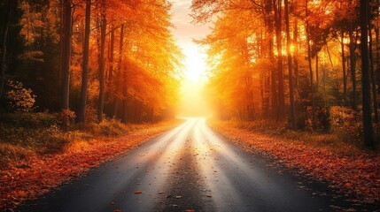 countryside road with wooden fence and autumn colorful maple trees to Santa Maddalena village at Dolomites mountains, South Tyrol, Italy,