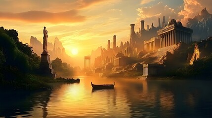 Fototapeta premium A golden hour landscape with a crystal-clear lake reflecting an upside-down city in the sky, surreal details on buildings with moss and ivy, ethereal mist on the water surface