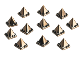 Metallic pyramid rivets isolated on isolated background. Twelve small, square, metallic objects in grid pattern. Triangle shape with pointed top, flat base. Metallic sheen, evenly spaced, symmetrical