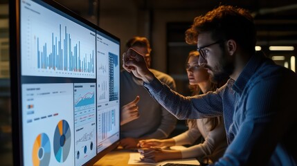 Professional team working on financial planning and strategy with interactive digital tools and presentations