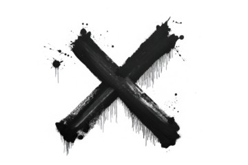 Black cross drawing on isolated transparent background. Bold, capital X mark isolated on pure white surface. Gray line in bottom right corner adds depth to composition. Alpha mask cut out png.