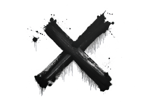 Black cross drawing on isolated transparent background. Bold, capital X mark isolated on pure white surface. Gray line in bottom right corner adds depth to composition. Alpha mask cut out png.