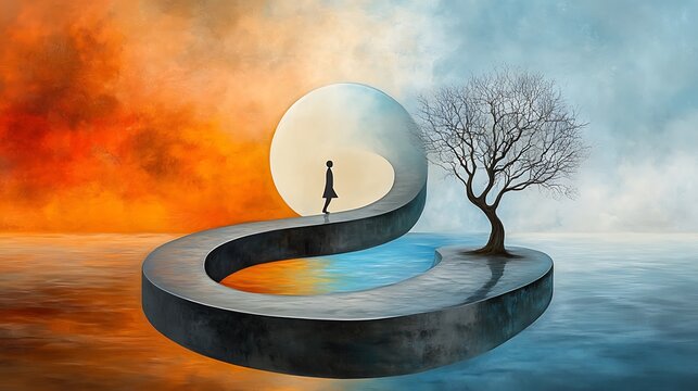 A figure walking along a twisted, mind bending path in a surreal landscape, reflecting the complex and unpredictable nature of inner thoughts.