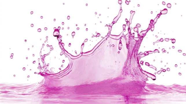 Vibrant pink water splash with droplets suspended in mid-air. Water flow creates movement and dynamism. Whimsical scene with scattered droplets on beige background. Simple, yet striking, design.