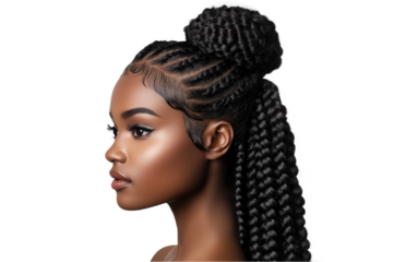 Black African woman with curly long braids bun hair isolated on transparent background. Dark brown hair styled in bun with large voluminous braids cascading down back. Slightly tilted face with