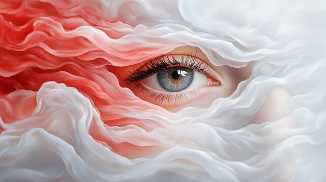 The striking contrast of a vivid red eye against a dark background, conveying the raw energy and depth of emotion present during an intense artistic process.