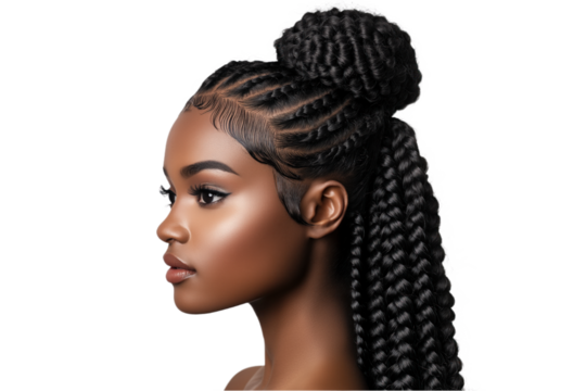 Black African woman with curly long braids bun hair isolated on transparent background. Dark brown hair styled in bun with large voluminous braids cascading down back. Slightly tilted face with
