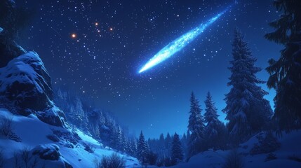 Fototapeta premium Christmas star lighting up the night sky in snowy forest