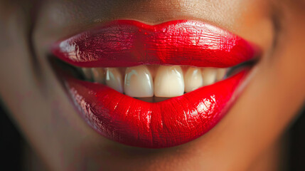 Obraz premium Close-up of African American Woman's Lips with Vibrant Red Lipstick. Concept of Beauty, Makeup, Fashion, Healthy Smile, and Confidence