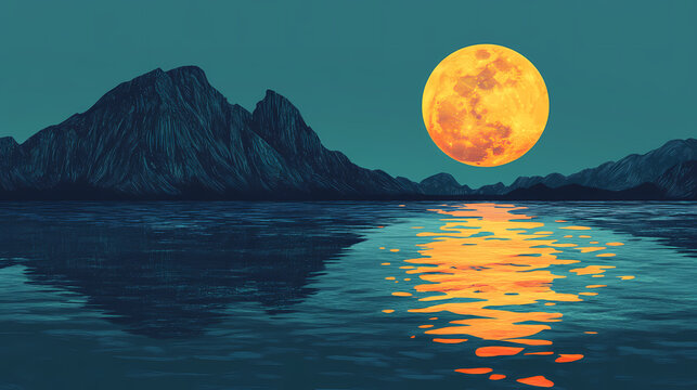 Full moon reflecting on rippling sea with mountain silhouette. Mystical. Illustration
