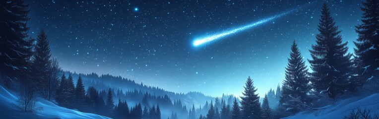 Fototapeta premium Christmas star lighting up the night sky in snowy forest