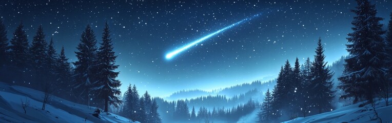 Fototapeta premium Christmas star lighting up the night sky in snowy forest