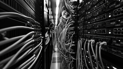 Minimalistic view of connected internet wires in a modern data center server room. concept of technology infrastructure and network connectivity