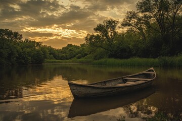 Obraz premium A Single Rowboat Anchored in a Still River at Sunset