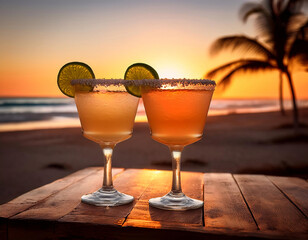 Two margarita cocktails with lime wedges and salt rims, enjoyed on a beach at sunset