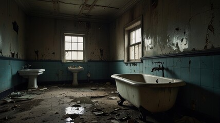 a decaying bathroom in an abandoned building. The once-elegant room is now in a state of disrepair, with peeling paint, cracked tiles, and broken fixtures.