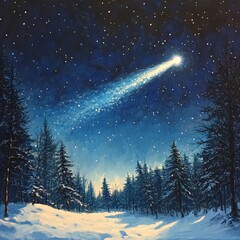 Fototapeta premium Christmas star lighting up the night sky in snowy forest