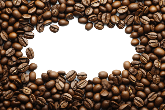 Collection of dark brown coffee beans scattered across transparent background. Beans arranged in random manner, some overlapping, others standing alone. Focus on coffee beans, no text or objects.