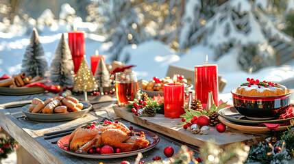Festive outdoor Christmas table setting with traditional holiday decor and candles in winter wonderland. concept of holiday celebration, winter festivity, seasonal gatherings