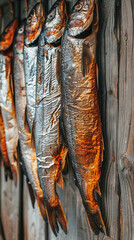 Rows of dried fish hanging against a rustic wooden wall - concept of traditional preservation, rustic aesthetic, culinary ingredients. Vertical