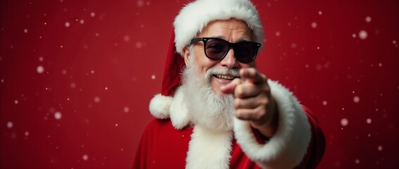 Santa Claus, wearing sunglasses and a red suit, playfully points amidst falling snowflakes against...