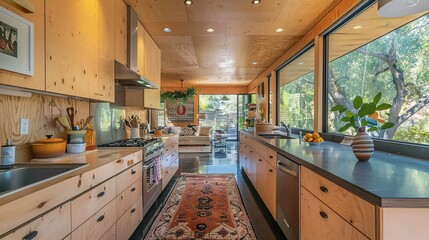 Fototapeta premium Modern Kitchen with Wooden Cabinets and a View of Nature