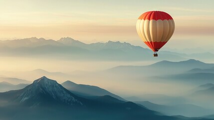   A red and white hot air balloon soars over a mountain range shrouded in fog, with a backdrop of majestic mountains