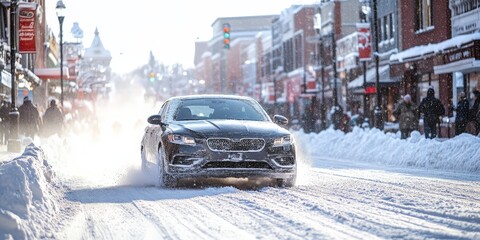 Urban traffic stuck in heavy snow during winter storm