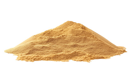Close-up of small light brown sand pile with textured grains. Pile is isolated on gray background, contrasting with sandy color. No text or objects in frame. Transparent alpha mask cut out png.