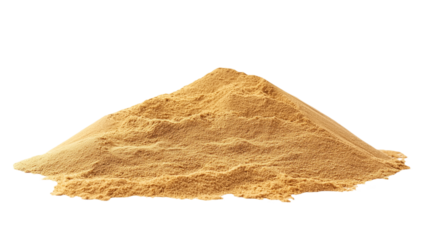 Close-up of small light brown sand pile with textured grains. Pile is isolated on gray background, contrasting with sandy color. No text or objects in frame. Transparent alpha mask cut out png.