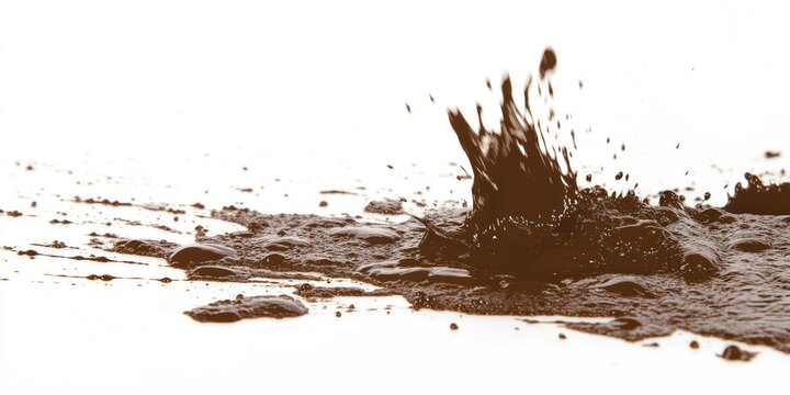 Dark brown liquid splashes out of container creating dynamic energetic scene. Splatter in center frame with lid to left. Light gray background contrasts with dark brown liquid.