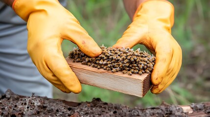 Macro shot of a beekeepers hands in gloves carefully handling a wooden hive frame covered in honey bees, embodying the dedication and expertise essential for maintaining a healthy bee population.