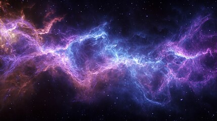 Abstract swirling cosmic cloud of pink and blue against a black starry background.