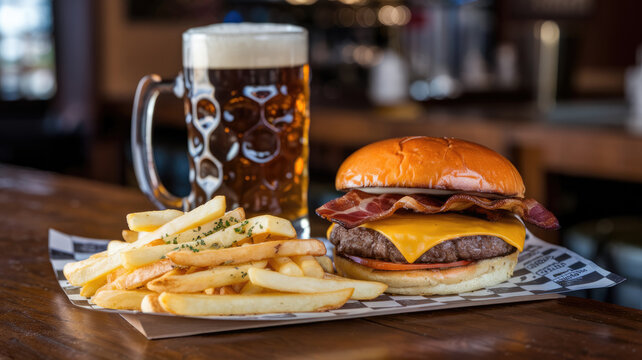 A burger, fries, and a glass of beer are on a table. The burger is topped with cheese and bacon, and the fries are golden and crispy. The scene conveys a casual, relaxed atmosphere